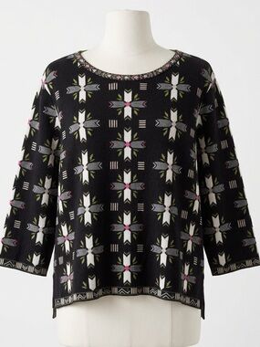 Gudrun Sjödén Organic Cotton Black Multicolor Scandi Folk Knit Sweater XL